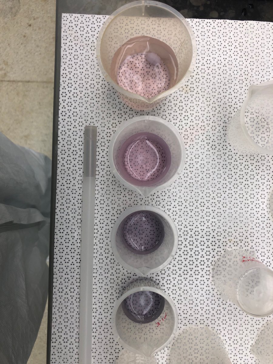 emilyemixon's tweet photo. Love to calibrate REE columns. Two days straight of titrations but at least the colors are pretty and the outcome is rewarding! #geochemistry #isotopegeochemistry #wiscrad #geobadger #phdlife #gradschool https://t.co/T9pYLZvvDa