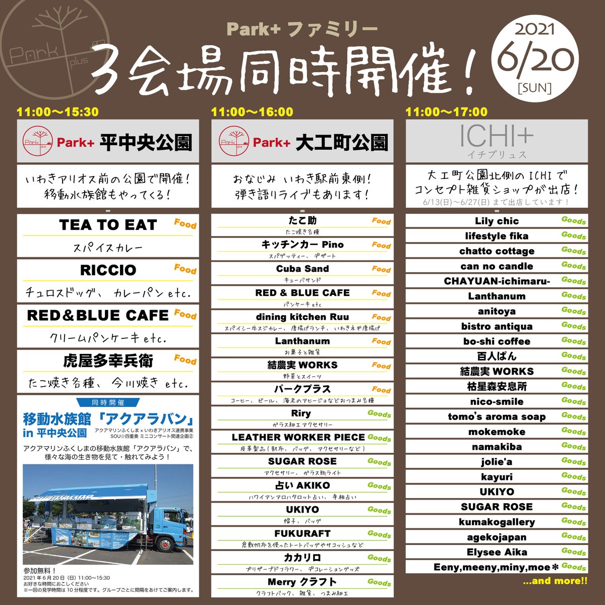 Tatakiage Japan タタキアゲジャパン パークプラス 6 日 は 3会場で同時開催 6 日 のパークプラスは 大工町公園 平中央公園 Ichi の3会場で同時開催します また 平中央公園には アクアマリンふくしま の移動水族館 Tatakiage Japan タタキアゲジャパン パークプラス 6 日 は 3会場で同時開催 6 日 のパークプラスは 大工町公園 平中央公園 Ichi の3会場で同時開催します また 平中央公園には アクアマリンふくしま の移動水族館