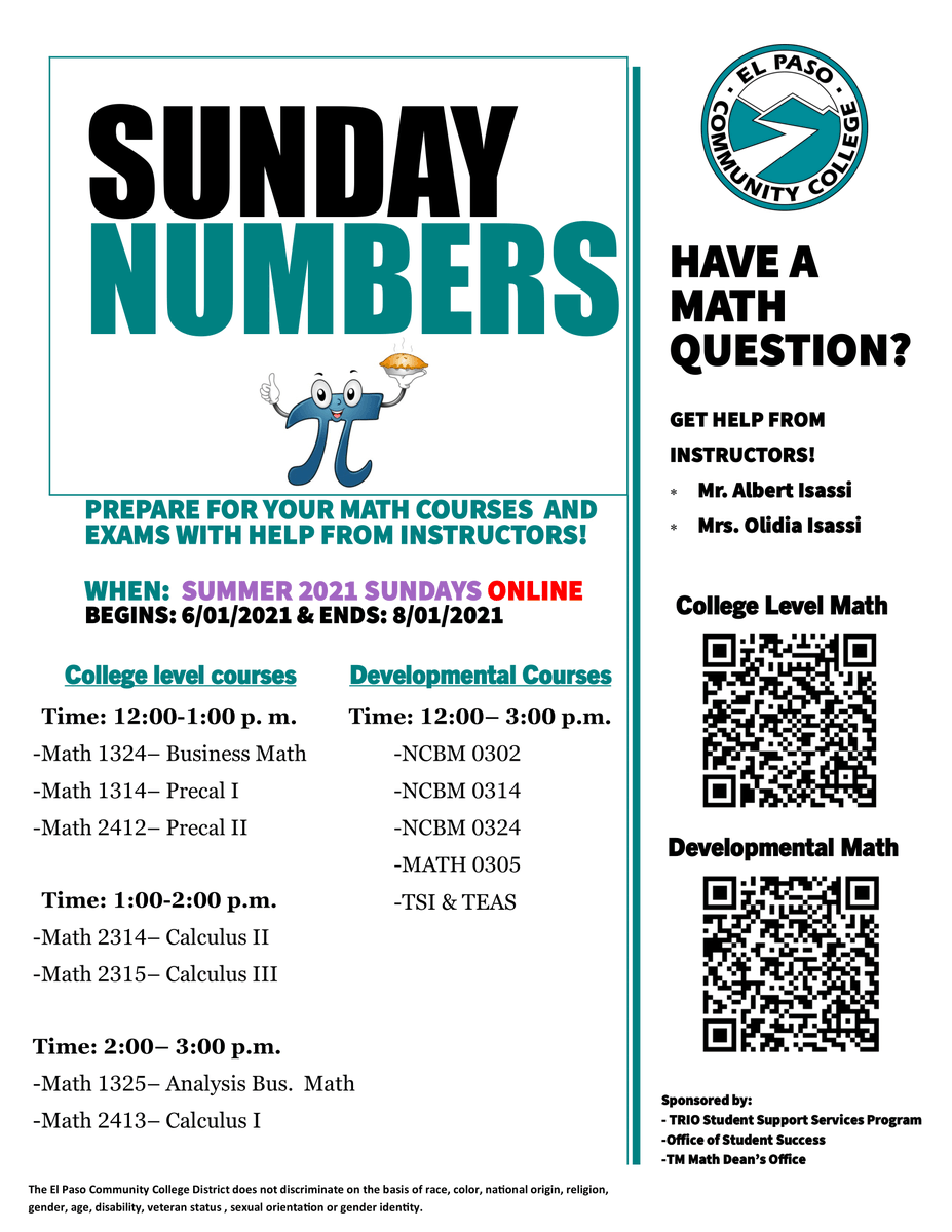 EPCCNews's tweet photo. EPCC instructors are here to help you prepare for your math courses and exams!
Sunday Numbers for College Level Math: https://t.co/Rye3e3wjdq
Sunday Numbers for Developmental Math and TSI/TEAS: https://t.co/uxLNVcDHR0 https://t.co/HQFQXfxwmH