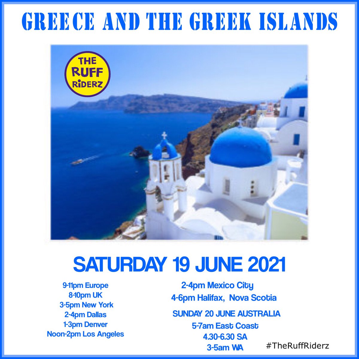 theruffriderz's tweet photo. Lj: Riding in Greece this Saturday? First time rider? Need a reminder? Here is how to keep up. The golden rule is #theruffriderz on all your tweets. Click on #theruffriderz in any tweet to see the top and latest tweets. And PLEASE .... a prayer no Twitter Trouble! https://t.co/X7CQUDB3j6