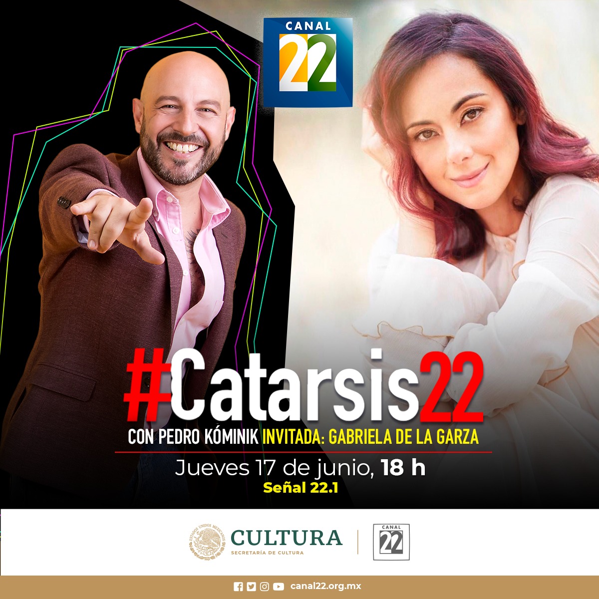 Canal22's tweet photo. ¡Hoy es el gran día! 

@gadelagarza nos acompaña en esta emisión para hablar sobre las tendencias más relevantes de esta semana: matrimonio igualitario, canciones polémicas, política y mucho más es lo que nos espera en…

“#Catarsis22” con @PedroKominik
Hoy, 18:00h. https://t.co/21uKxxWvMM