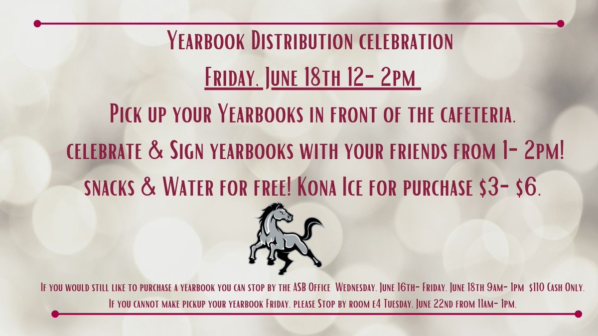 Yearbook Distribution is from 12-2pm on FRIDAY, June 18th! We will have snacks and water for free.  The Kona Ice Truck will be here as well if you want to purchase a snow cone! We look forward to seeing all of you soon! <a href="/CovinaColts/">Covina High School</a> <a href="/CovinaAthletics/">Covina HS Athletics</a> <a href="/covinahighptsa/">CovinaHighPTSA</a>