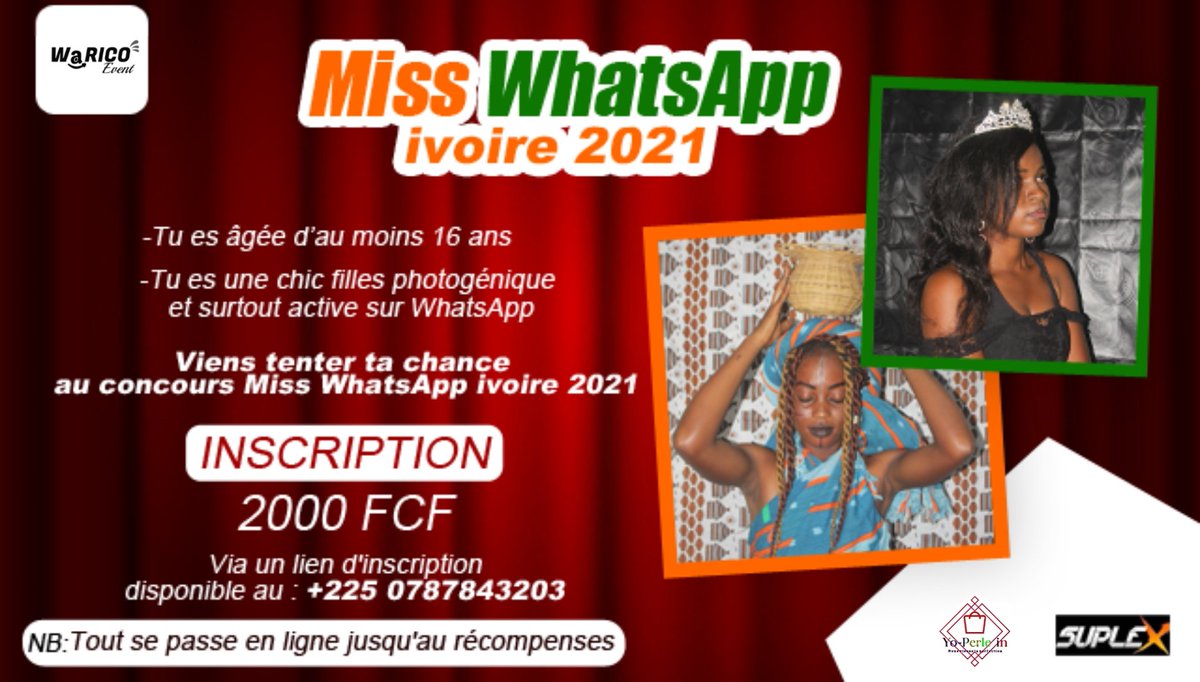 WARICOPRODUCTI1's tweet image. #WARICO_PRODUCTION 🔻🔺
Bonne nouvelle les amis !!! 😉
Le #COMWI en partenariat avec #WARICO présentent le concours Réseau social #MISS_WHATSAPP_IVOIRE_2021
-Tu es jeune, Chic, active sur les réseaux 😁
Inscription via le : +225 0787843203
2000 FCFA pour le droit d'inscription