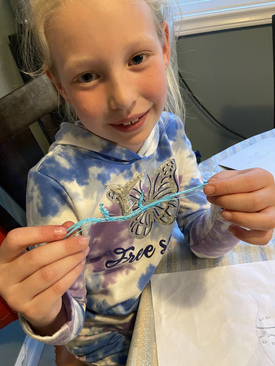 HDDawe's tweet image. Testing out her mom’s new toy for the classroom! First design was a whale’s tail whale’s tail! #3Dprinting #3Dpen #designandcreate #whalestail @MmeLindsay