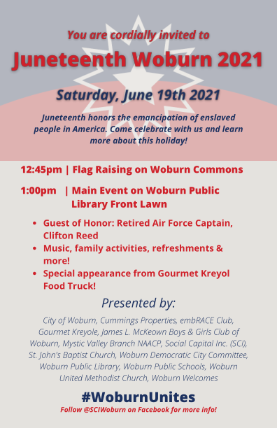 woburnlibrary's tweet photo. The Woburn Public Library is proud to join the City of Woburn in its celebration of #Juneteenth 
Come to the WPL front lawn this Saturday for music, food, fun, &amp; more!
#FreedomDay #EmancipationDay #WoburnUnites https://t.co/fp1FWqKzG2