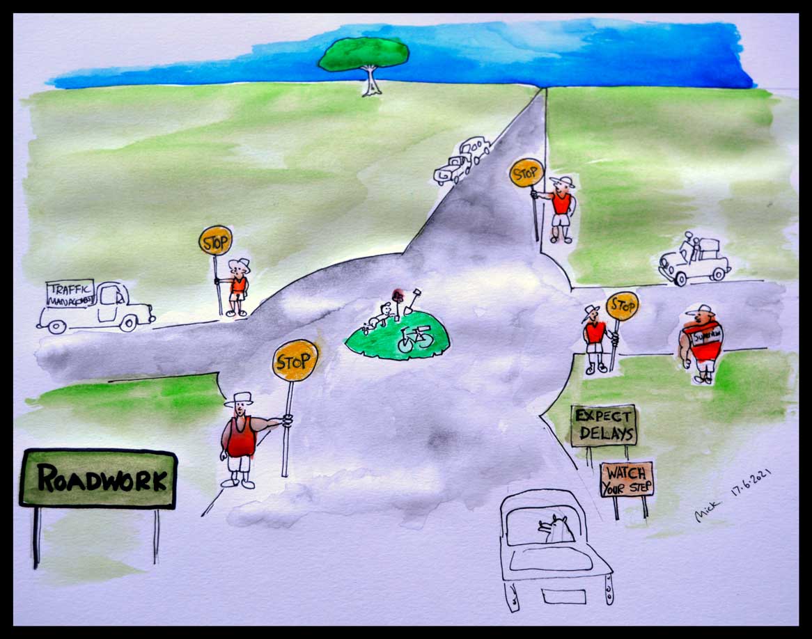 beagle16's tweet image. Traffic Controllers &amp;amp; Roundabouts . There seems to be a disproportionate number of traffic controllers to road maitenance workers lately.   #Traffic #Trafficcontrollers #satire #roads