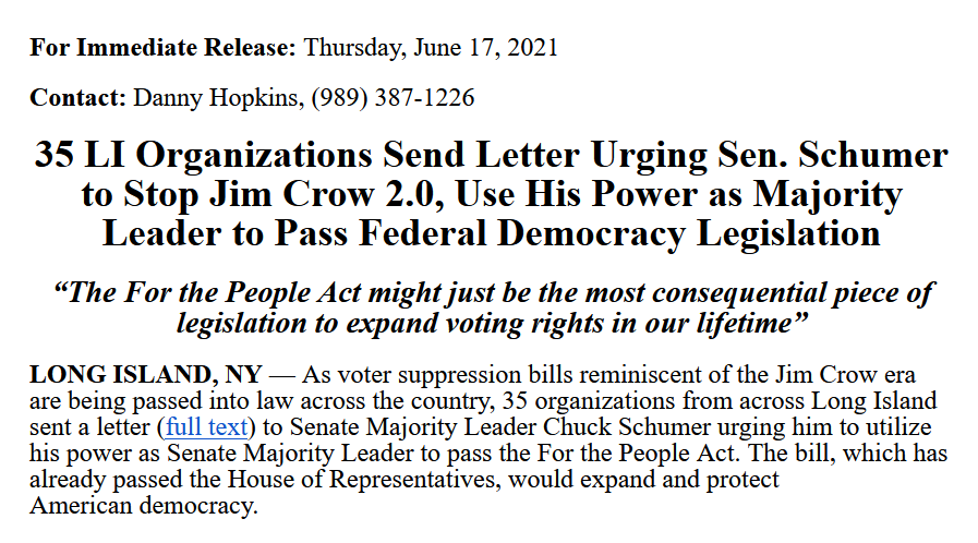 LIProgress's tweet photo. BREAKING: 35 Long Island organizations have sent a letter to @SenSchumer urging him to stop Jim Crow 2.0 and use his power as Majority Leader to pass the #ForThePeopleAct!
LETTER: https://t.co/ez14ZSuBPt
RELEASE: https://t.co/nOoVntUPhv https://t.co/7E27JrP5QC