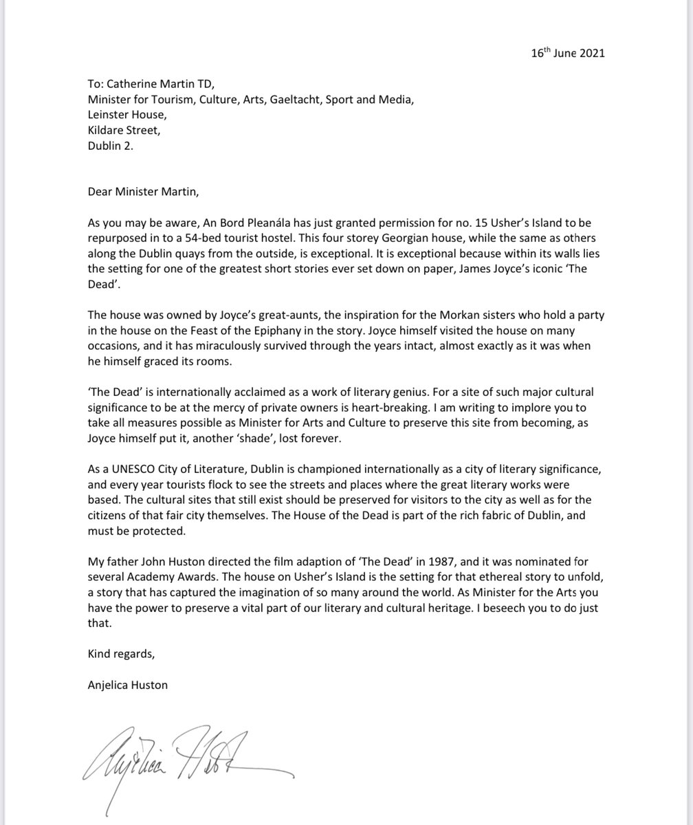 anjelicahuston's tweet image. My letter to Irish Arts Minister @cathmartingreen on the cultural significance of 15 Usher's Island, the setting for James Joyce's iconic story 'The Dead'.  It's to be turned into a tourist hostel by private developers. Sites like this must be protected. #DeadDublin #Bloomsday