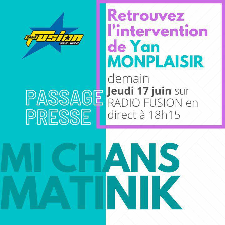 Ne ratez pas Yan MONPLAISIR pour MI CHANS MATINIK, demain, jeudi 17 juin à 18h15 en direct sur la radio FUSION 👍🏾
SA KI SAV, DI SA KI PA SAV !!

#VotezYanou #LeChabenDeManFinotte 
#DouvanDouvan #BayBalan #AnsanmAnsanm #KantEKant #WèKlè
#michansmatinik #martinique #politique