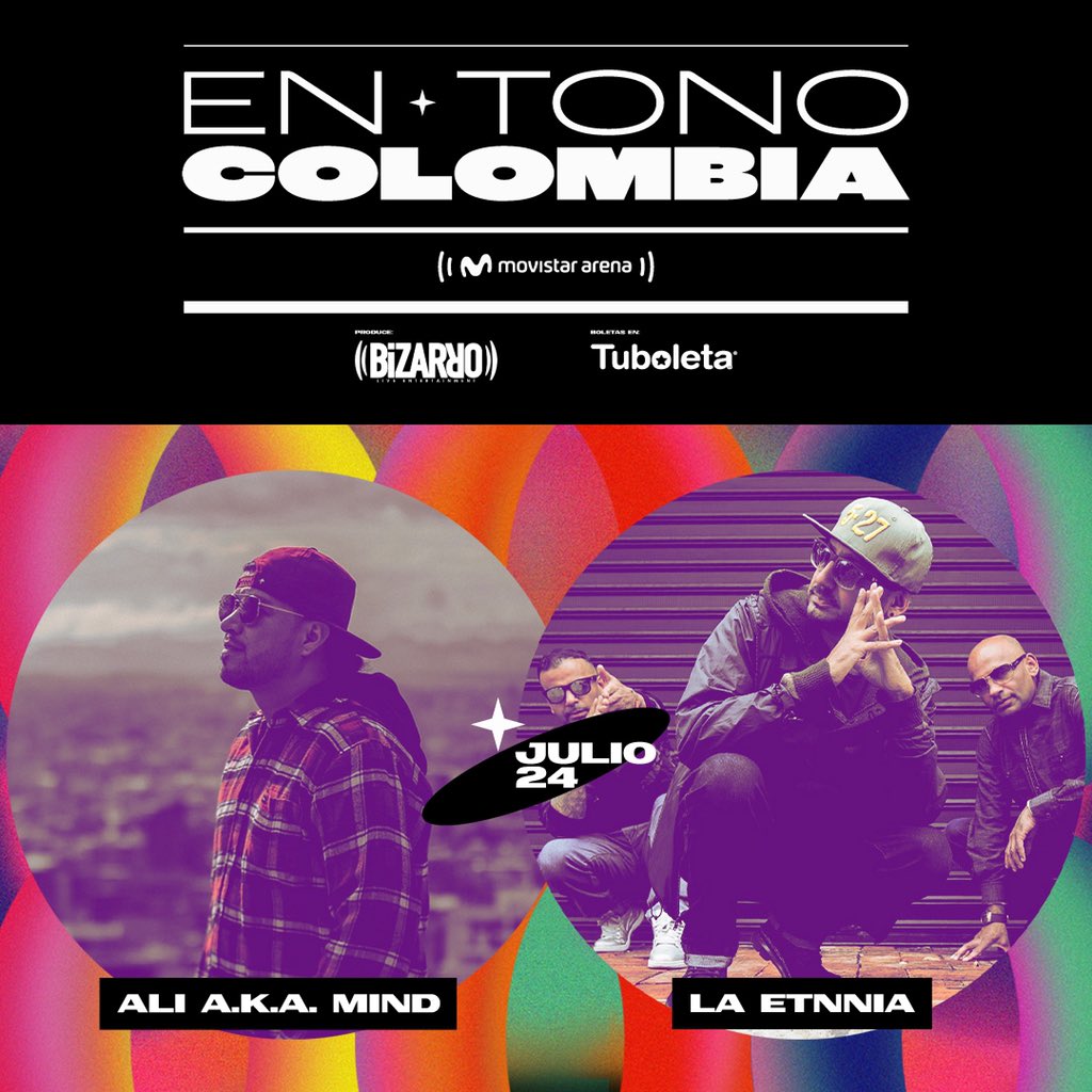 aliakamind's tweet photo. ¡Bogotá! 
Que energía poder confirmarles que volvemos a tocar en la casa, que va a ser en el mítico @MovistarArenaCo y que va a ser junto a unas leyendas del Rap de mi país @LAETNNIA527 
Boletas en @TuBoletaColombi 
24.07
✊🏻🔥 https://t.co/ZbTavH7elS