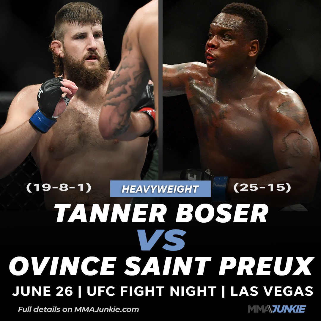 MMAJunkie's tweet photo. #BREAKING: Ovince Saint Preux is returning to heavyweight for a short-notice clash with Tanner Boser on June 26.

News via @mma_kings

#UFCVegas30 | Full story: https://t.co/DmAveNpxg9 https://t.co/GFRAj0N7s7