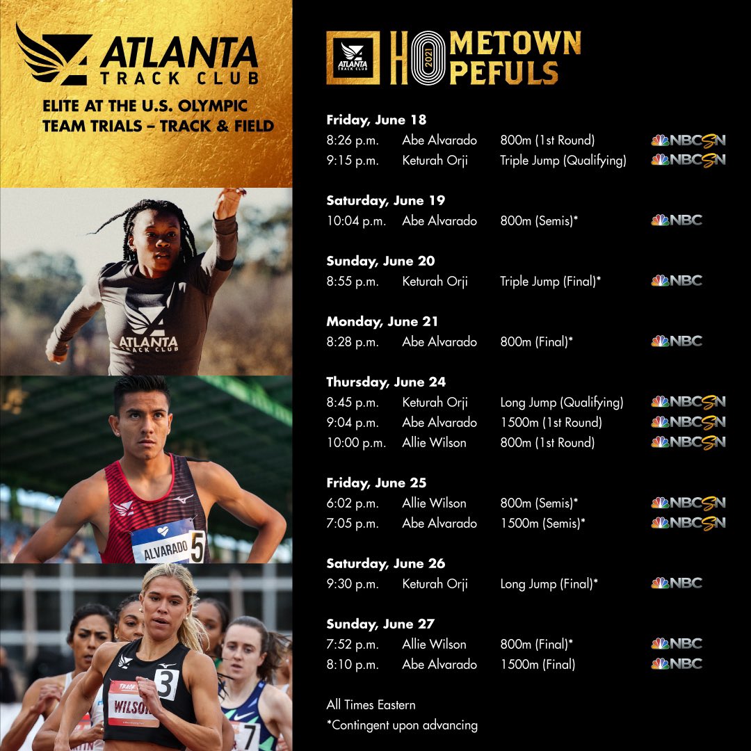 Trials week! Jarryd Wallace in Minneapolis, <a href="/Keturahorji/">Keturah Orji</a>, <a href="/allieOcho/">Allie Wilson</a> and <a href="/abe800m/">Abraham Alvarado</a> in Eugene. Next stop: #Tokyo2020 

Here’s how to watch us at the Trials:
