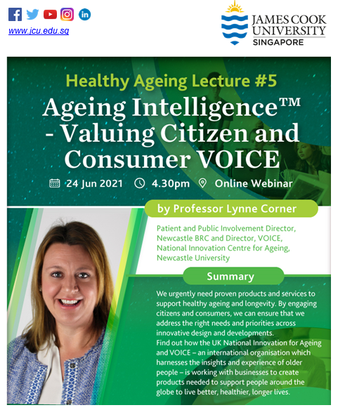 ProfLaurieBuys's tweet photo. Don't miss #HealthyAgeing Online Lecture #5 from @jcu Singapore next week!

Learn how the UK Nat.l Innovation Centre for Ageing &amp; VOICE is working with businesses to create products to support longevity.

You can register here: https://t.co/n7xuQh8iEs https://t.co/M0KortvGtY