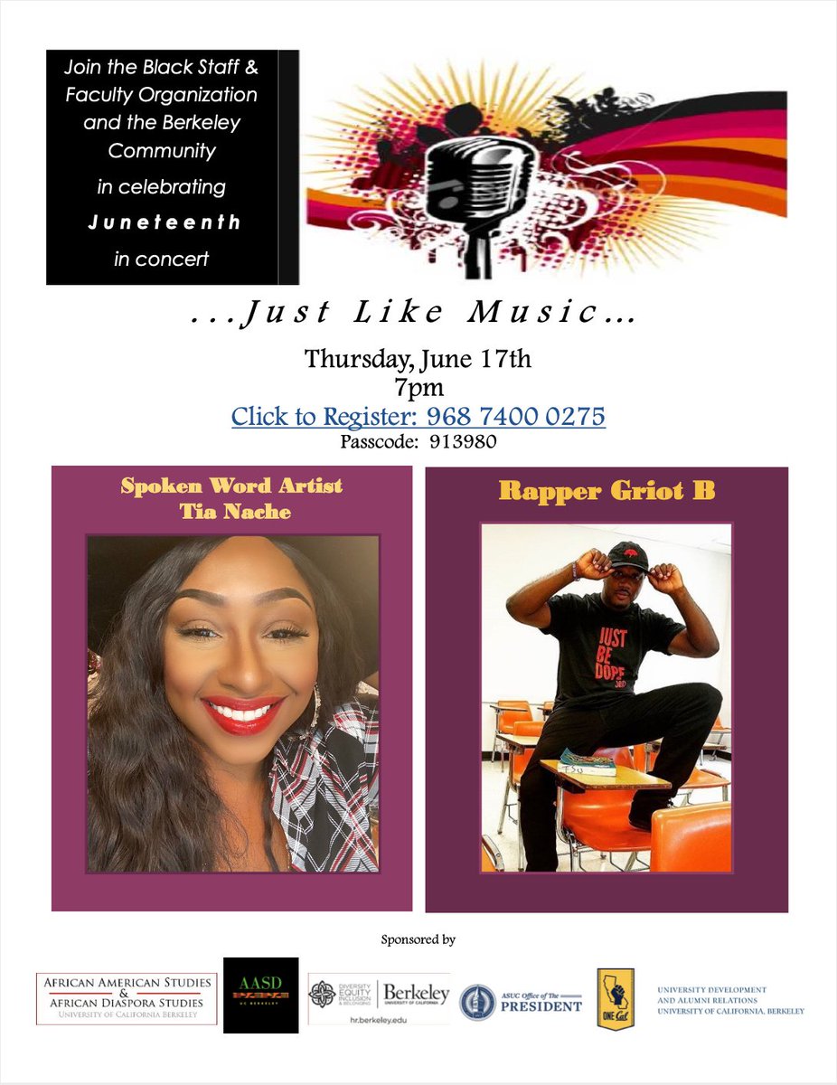 Tomorrow join the Black Staff &amp; Faculty Organization and the Berkeley Community in celebrating Juneteenth in concert!

Register:
lnkd.in/gMn7SSN