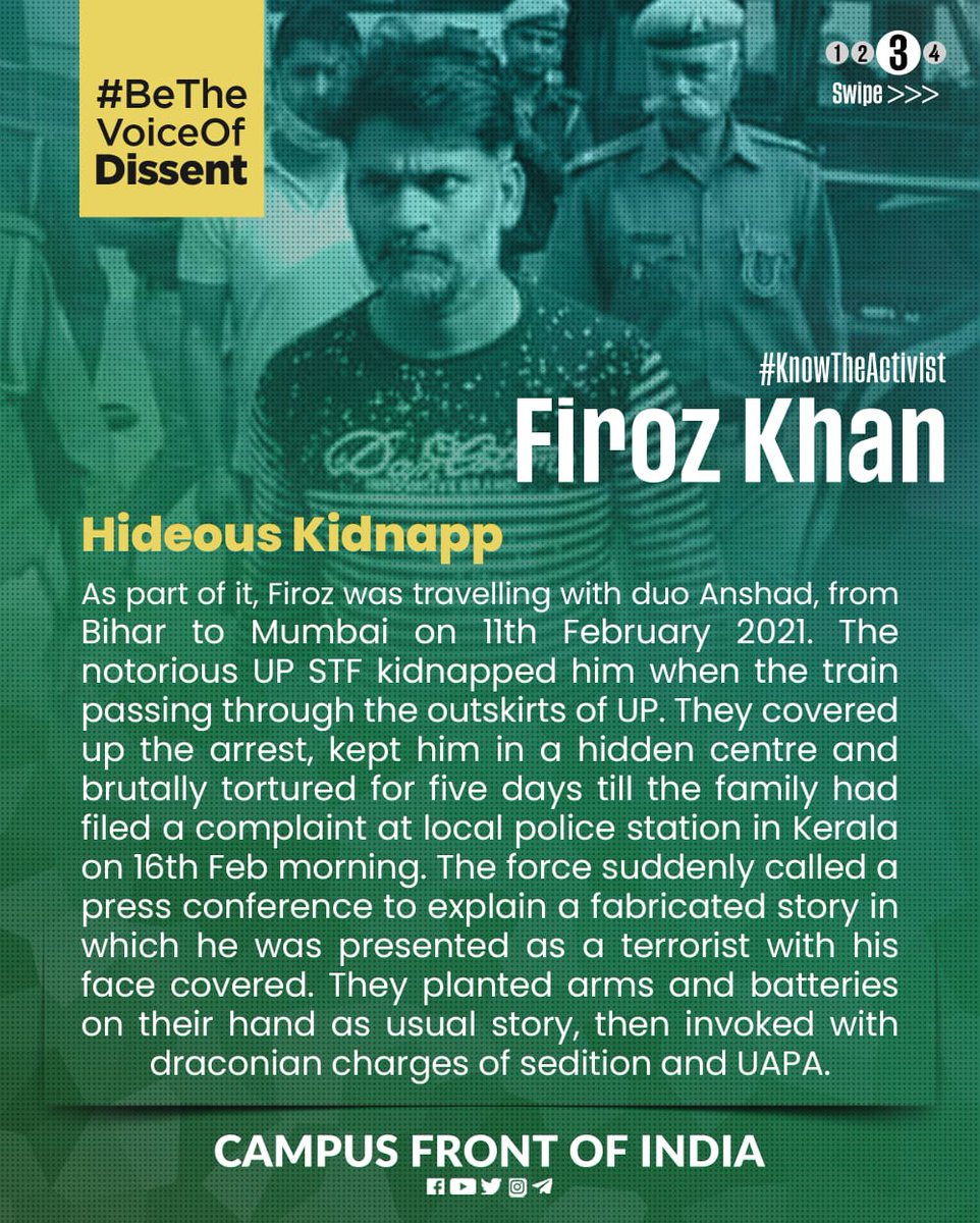 MdChand36's tweet photo. Brave fighters not traitors
#KnowTheActivist
#BeTheVoiceofDissent
#FirozKhan
Read more
#CampusFrontofIndia https://t.co/F9oMQ9DlJ6