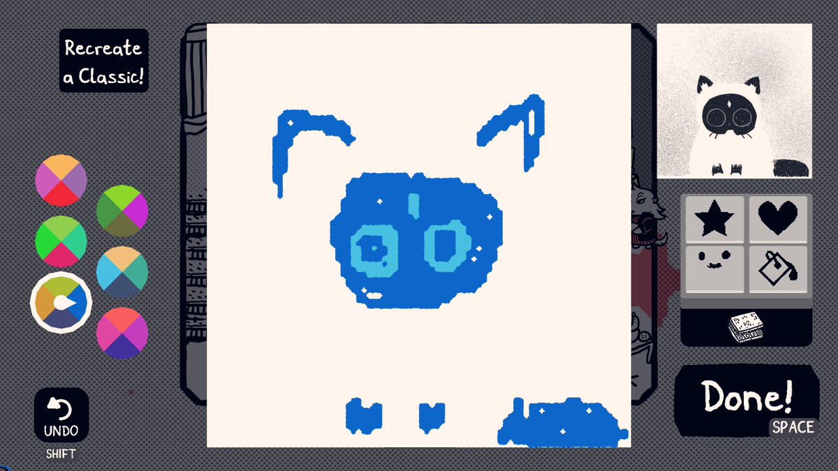 Ahahaha I came across my drawing of Cookie in the art class of the game @chicory !! I was laughing trying to recreate my own drawing using a mouse xD 