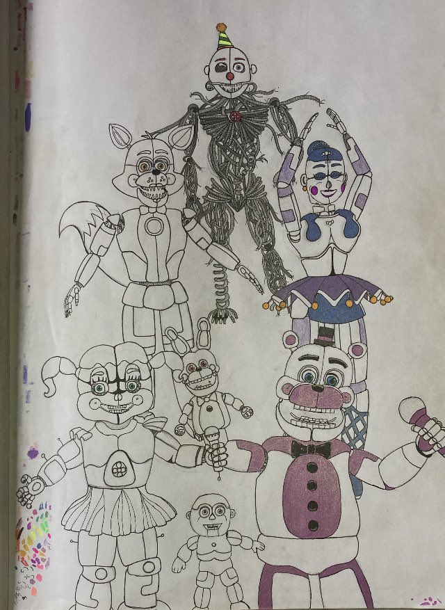 ElleDrew3's tweet photo. I joined the FNaF community around 5 years ago and I have loved watching both the games and the community develop! I made a piece a couple of years back using the sister location characters and decided to remake it. I feel like now is the right time to post it.
#ThankYouScott https://t.co/m05RFMeKb8