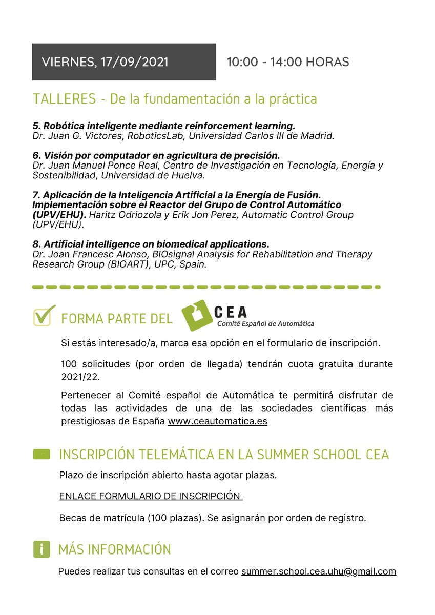 CEA organiza la Escuela de Verano : LA AUTOMÁTICA Y LA INTELIGENCIA ARTIFICIAL ANTE LOS NUEVOS RETOS SOCIALES. 15, 16 y 17 de septiembre de 2021.