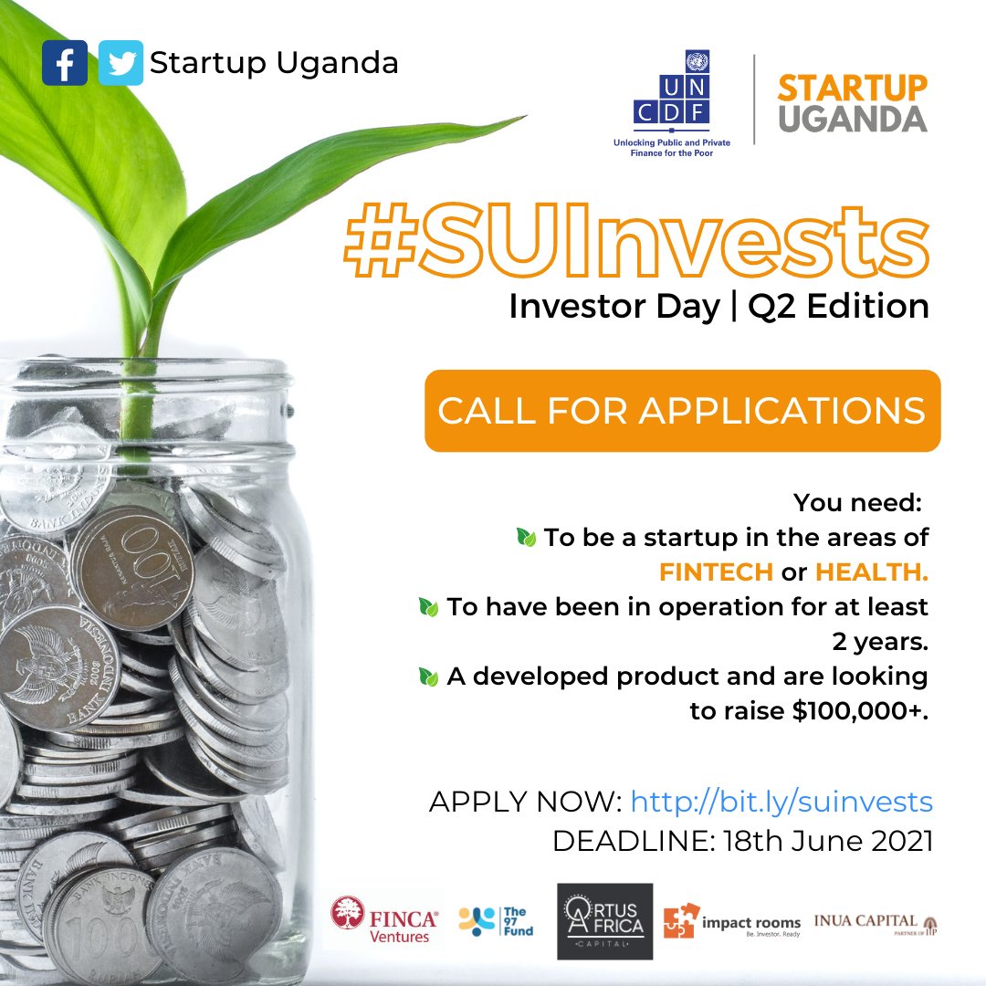 OutboxHub's tweet photo. #SUInvests Investor Update
Are you a scalable startup within the spaces of Fintech and Health and you're ready for investment of 100k, Apply here https://t.co/XlGDuZZtGX Deadline: 18th June 2021
@StartupUganda_ @UNCDFdigital @impact_rooms
@The97Fund @OrtusC @FINCA
#StartupUG https://t.co/v9jPAHPDZD