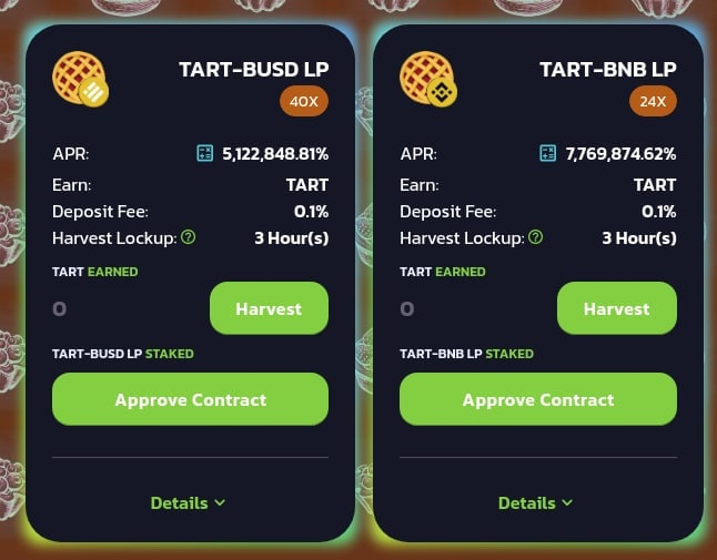 Farming Started. The first Delicious Tarts will appear mostly in TART-BUSD and TART-BNB. We expect everyone to farm. The first investors always deserve to win. Happy Farming  😍

#TartFinance #Defi #BSC #YieldFarming #staking #DAPPS #crypto #BinanceSmartChain  #BSCNews #binance