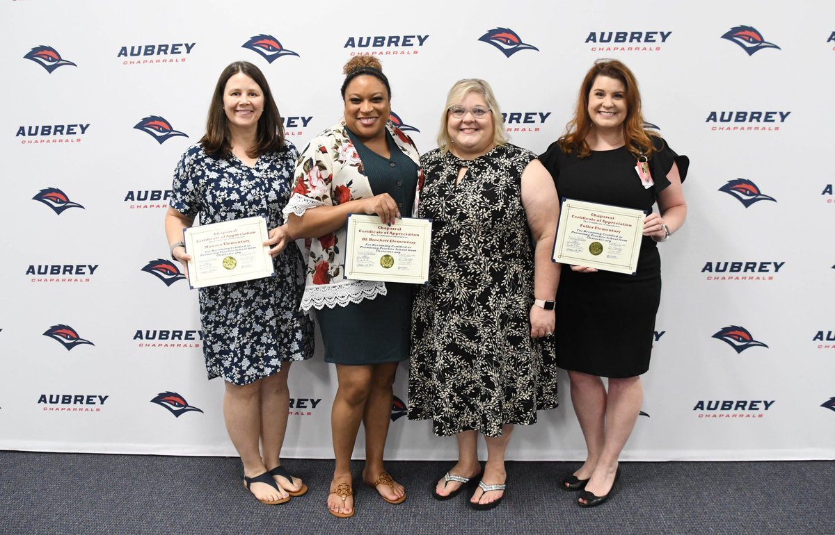 The principals and guidance counselors from <a href="/AISDBrockett/">Brockett Elementary</a>, <a href="/aubrey_mes/">Monaco Elementary</a> and <a href="/FullerElemAISD/">Fuller Elementary</a> were recognized at tonight's board meeting for their Promising Practice awards. All three schools were certified as Promising Practice Schools from Character.org.