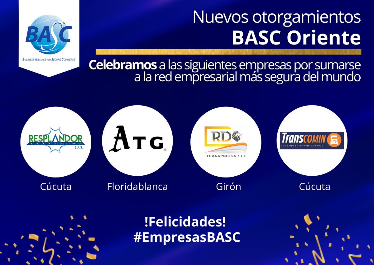 bascoriente's tweet photo. 📌Compartimos con ustedes los nuevos otorgamientos a las empresas #RESPLANDOR, #ATG, #RDTRANSPORTE y #TRANSCOMIN, por sumarse a la red empresarial más segura del mundo.
¡Felicidades!👏🏼
#SomosBASC https://t.co/qA0vcTH8R5