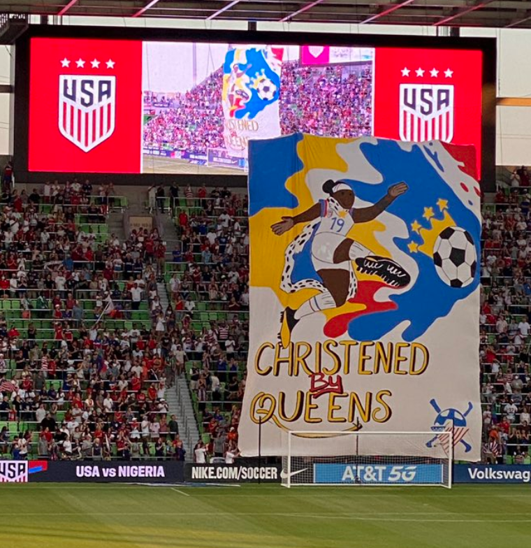 rogbennett's tweet photo. US Women are playing in new stadium in Austin, TX tonight. American Outlaws raised a tifo celebrating Crystal Dunn. A player who has long dreamed of being the face of American soccer. The emotions that must have flowed through her veins in this moment 🇺🇸🙌

📷 @itsmeglinehan https://t.co/FWCdEtOlbA
