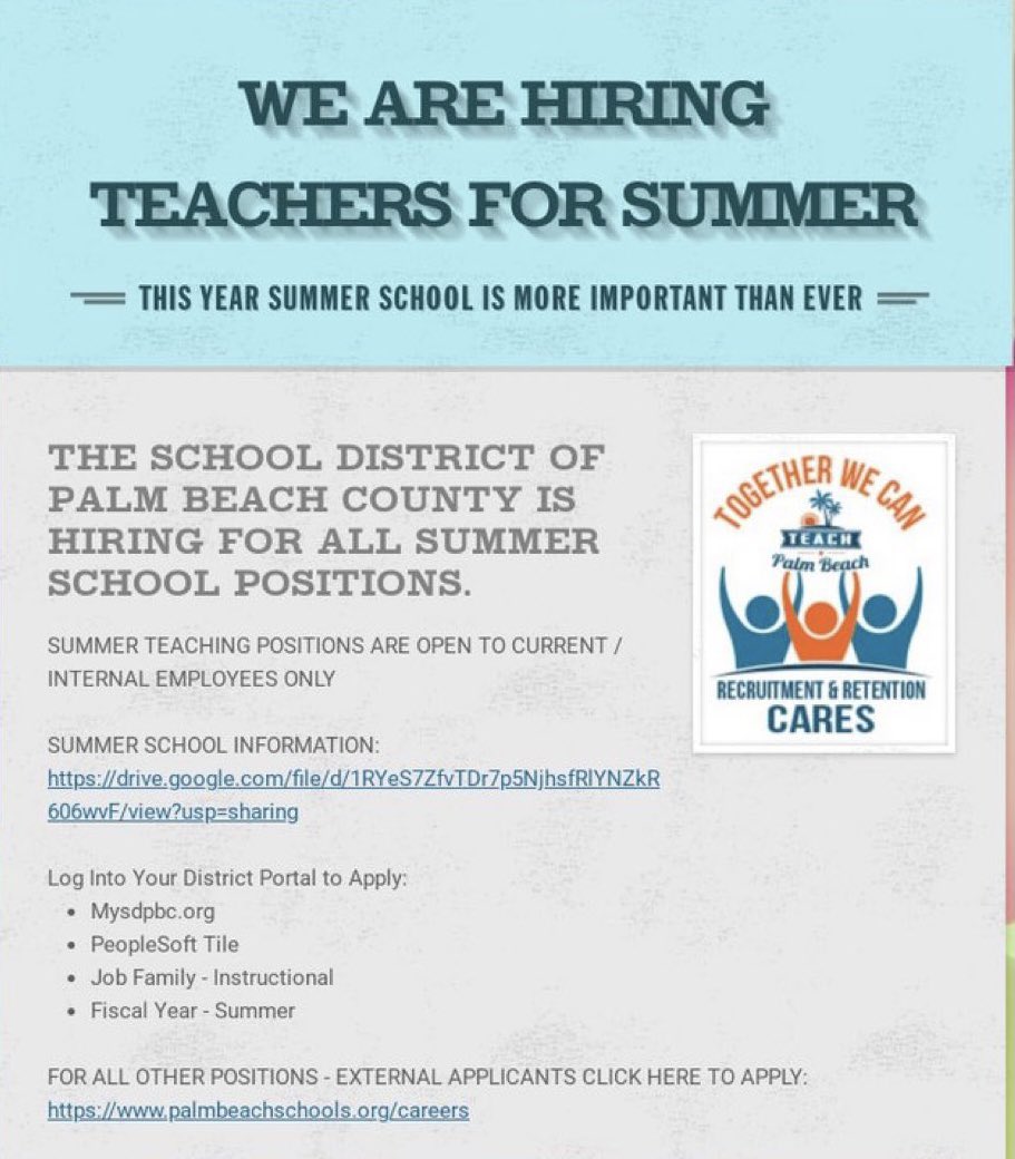 ESOL PB Schools (@esolpbc) on Twitter photo We still have a few teacher positions available for our ESOL Summer School program!! If you’re interested, let us know!! Help us ensure that our #ELs_Can! <a href="/ChoisKatty/">Katty Chois</a> <a href="/harveyoaxaca/">Dr. Harvey Oaxaca</a> @DianaFedderman <a href="/pbcsd/">The School District of Palm Beach County</a> <a href="/PBCSDKreyol/">Lekòl Palm Beach</a> <a href="/PBCSDEspanol/">Distrito Escolar PBC</a> We still have a few teacher positions available for our ESOL Summer School program!! If you’re interested, let us know!! Help us ensure that our #ELs_Can! <a href="/ChoisKatty/">Katty Chois</a> <a href="/harveyoaxaca/">Dr. Harvey Oaxaca</a> @DianaFedderman <a href="/pbcsd/">The School District of Palm Beach County</a> <a href="/PBCSDKreyol/">Lekòl Palm Beach</a> <a href="/PBCSDEspanol/">Distrito Escolar PBC</a>