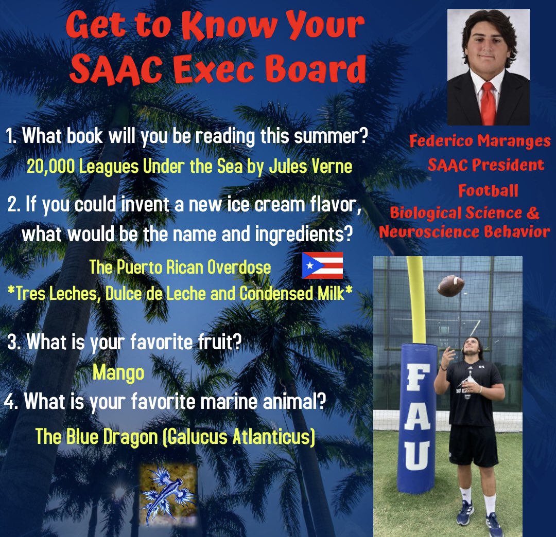SASC_FAU's tweet photo. 🗣Summer SAAC Executive Board Feature‼️

Get to know your SAAC President, Federico Maranges, and a few fun facts about him! 

🦉☀️🌴🌊🥭🍦🇵🇷🏈👨‍⚕️👌🏼 #SummerTime #SAACInParadise #OwlFamily #OwlIn https://t.co/17iEXDbsjD