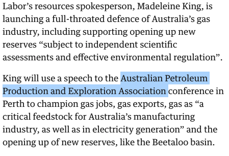 MChandlerMather's tweet photo. Weird that Labor's resource spokesperson declared their full support for expanding the gas industry at the Australian Petroleum Production and Exploration Association's conference after receiving over $100k in donations from that same group.

No connection here! https://t.co/von4IBfUG3
