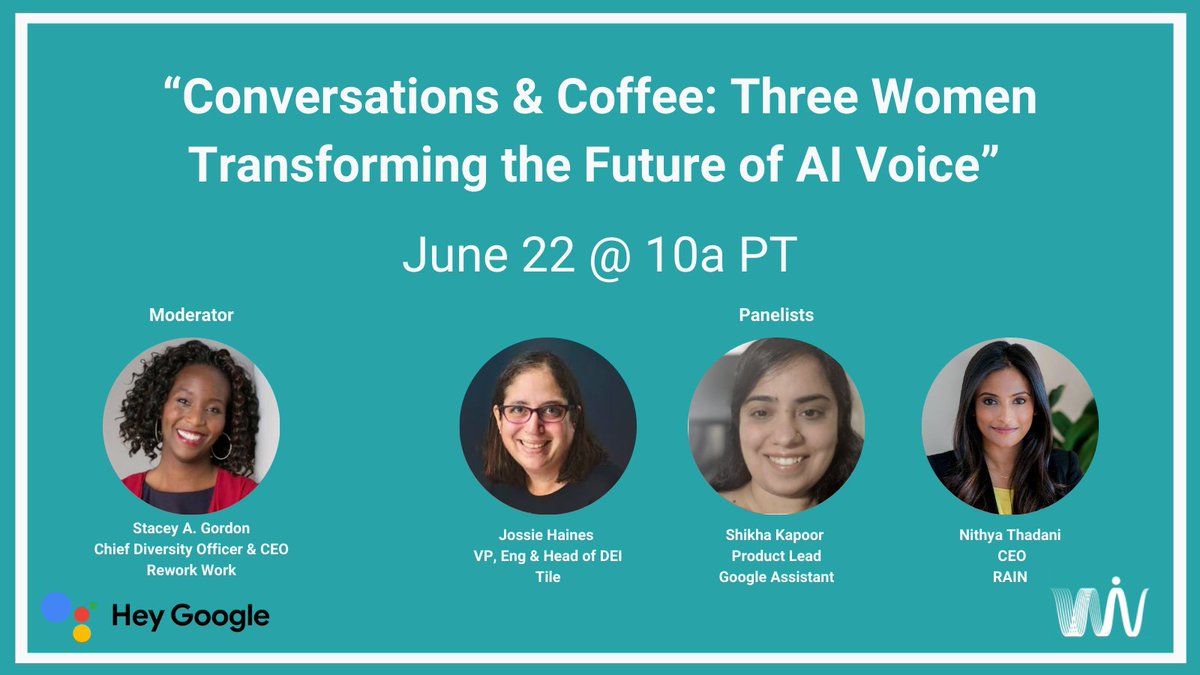 What's the playbook to advance your career in voice? #Voicefirst folks - join us!  #WomenInVoice &amp; #GoogleAssistant present "3 Women Transforming the Future of AI Voice" @ActionsonGoogle <a href="/RainAgency/">RAIN</a>, <a href="/TheTileApp/">Tile</a> <a href="/ReworkWork/">Rework Work™️</a>.  http:/ow.ly/7jRS50F5Kqx
cc: <a href="/bernsteind/">Danny Bernstein</a> <a href="/lilianr/">Lilian Rincon</a>