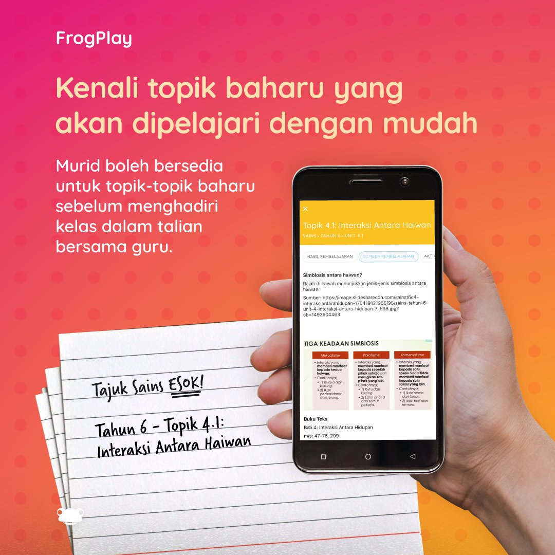 FrogAsia's tweet photo. MURID BERSEDIA UNTUK PDPR BERSAMA FROGPLAY

Dengan aplikasi FrogPlay, murid lebih bersedia untuk kelas, akses bahan rujukan dan ulangkaji pada dengan mudah Muat turun aplikasi FrogPlay di Google Play Store atau Apple App Store
#frogplay #prihatin #pdpr #belajardarirumah #edtech https://t.co/D2mj9GaFa6