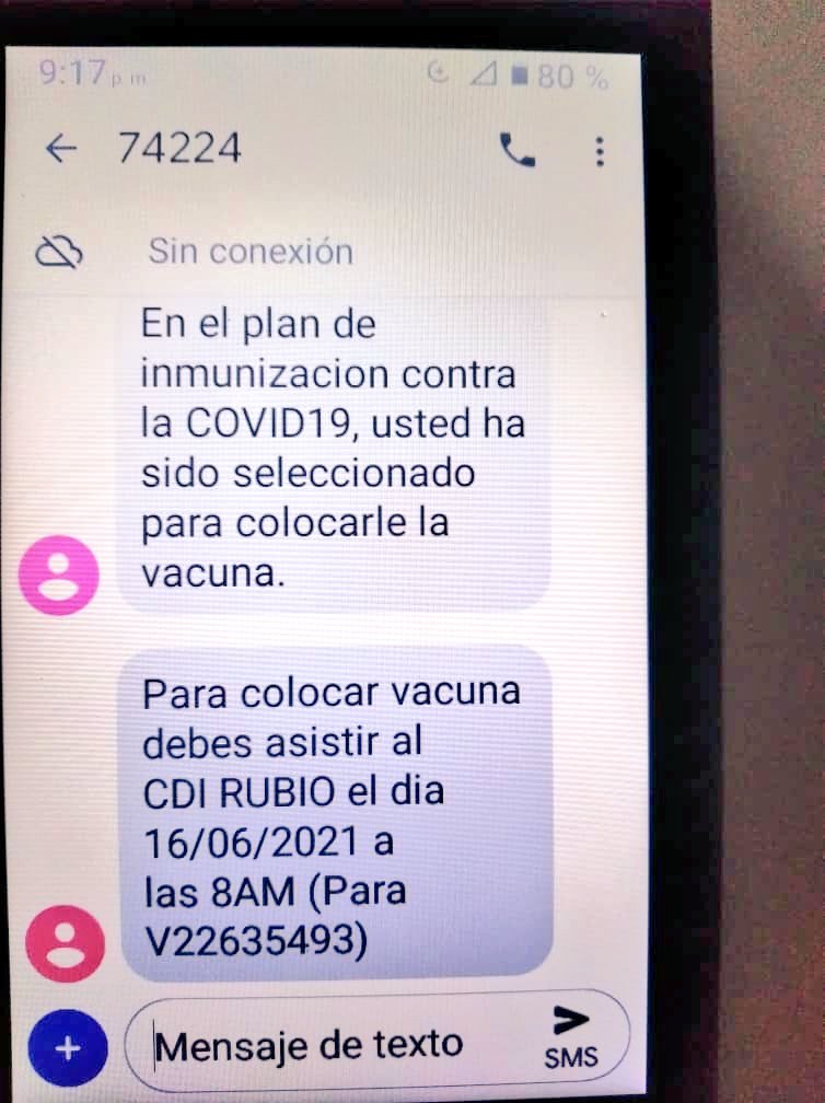 #DENUNCIA A Sra. le llega SMS para vacunarse habiéndose registrado en Patria, hoy en el CDI de #Rubio #Táchira le dicen que "eso no vale que debe llevar un código del sistema y del listado de la alcaldía de Junín". Esto contradice al Pdte. <a href="/NicolasMaduro/">Nicolás Maduro</a> #ChavismoUnidoInvencible