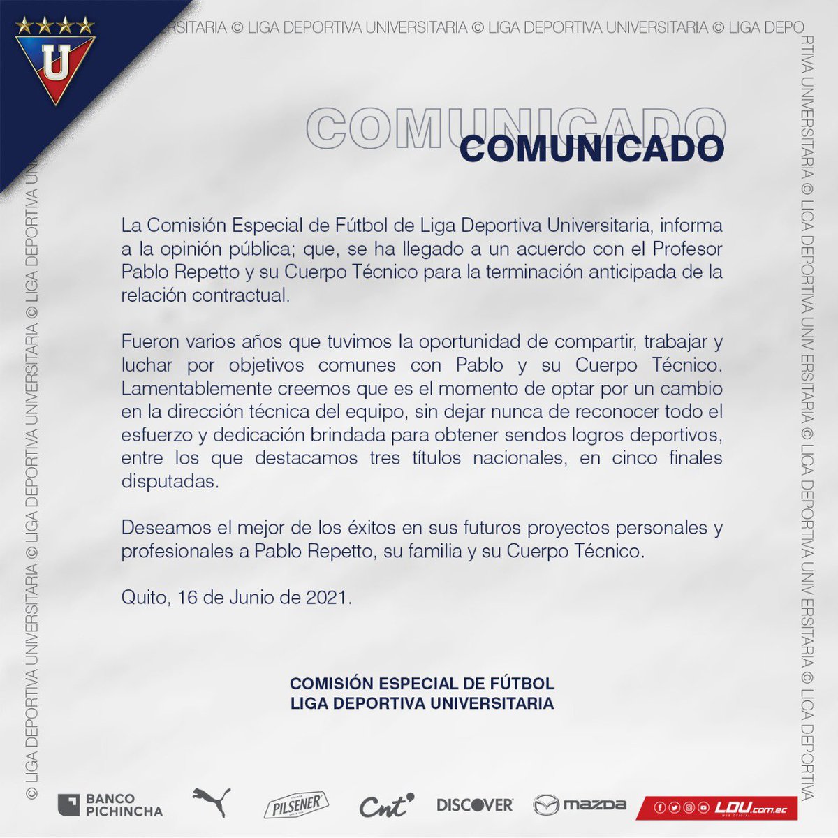 ComunicadoresSP's tweet photo. NO VA MÁS

Liga de Quito anuncia la salida de #PabloRepetto y su cuerpo técnico. https://t.co/Wo5nNXm6x5