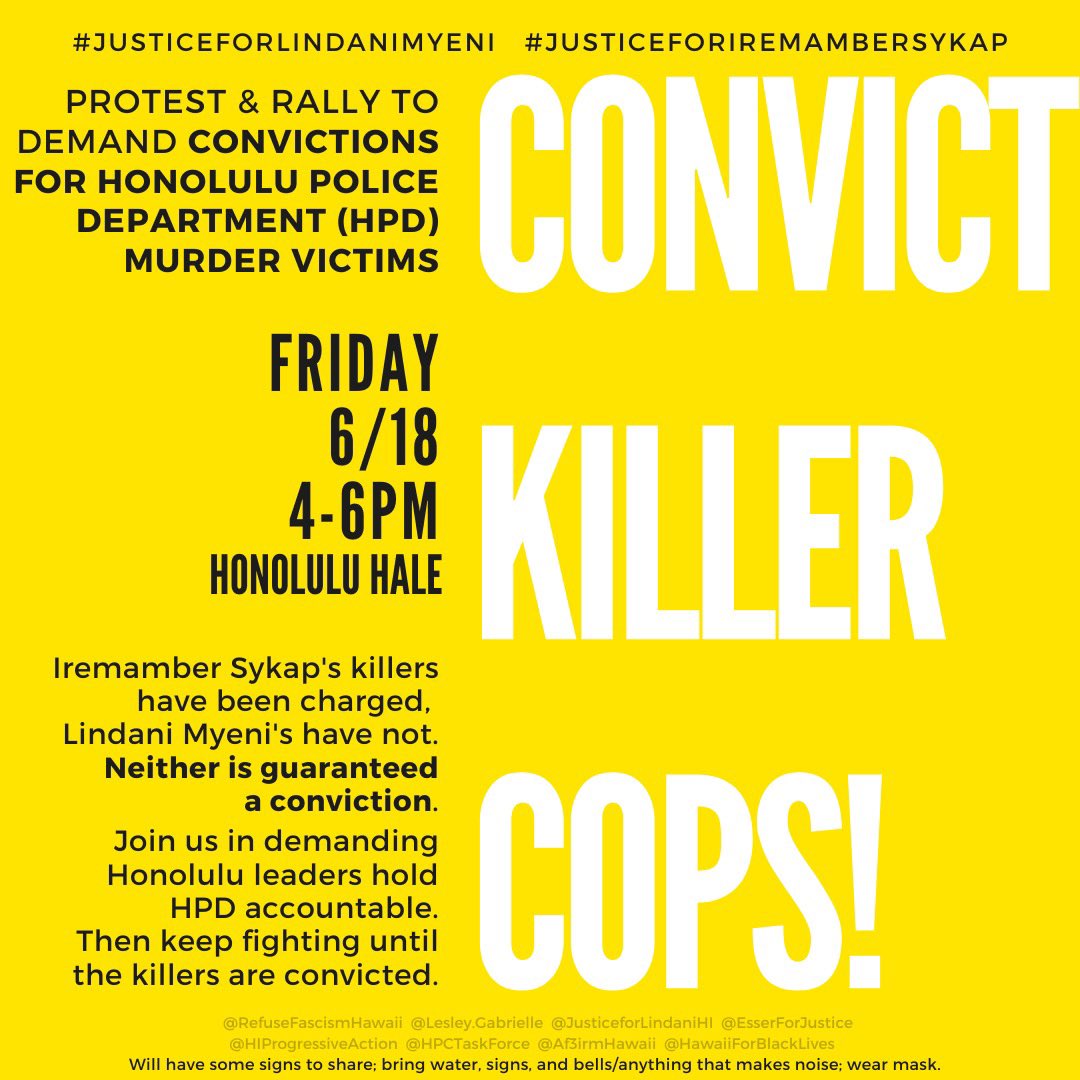 Justice4Lindani's tweet photo. Everyone has been asking and we are delivering:
PROTEST: FRIDAY, JUNE 18
4-6PM, Honolulu Hale (CityHall)
Weโve been protesting weekly but now we have HPD in a corner! We all know they lied about #LindaniMyeni and #IremamberSykap. What are they going to do now?
#BackTheTruth https://t.co/LH5N4aztBi