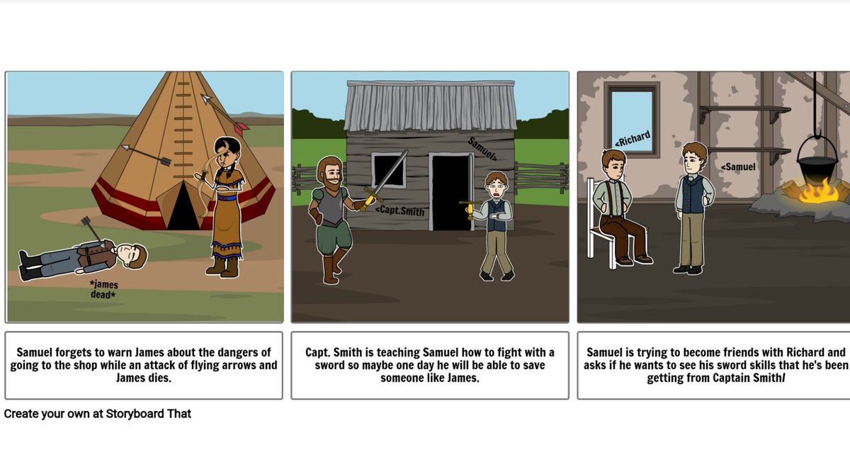 KatharinaBlev's tweet photo. Students summarizing 3 major events in "Blood on the River"  #storyboardthat #5thgradeteacher #corebooks #socialstudies https://t.co/AgKEuLASD7