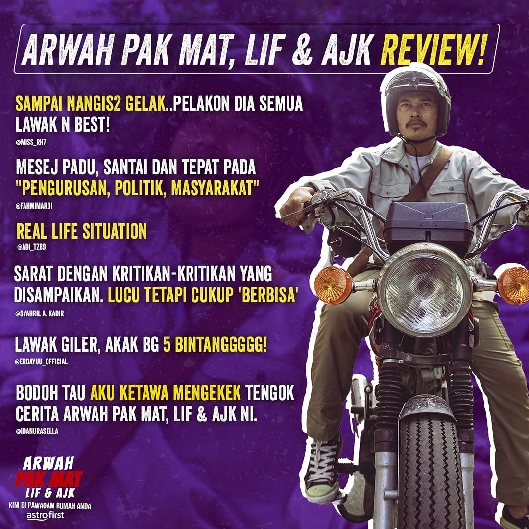 ExcellentPic_My's tweet photo. 🔥LUCU TAPI CUKUP BERBISA🔥

Perghh hangat gais review daripada mereka yang sudah menonton. Mana yang free harini jom sama-sama kita duduk rumah dan menonton Arwah Pak Mat, Lif &amp; AJK. Stay safe semua!
.
#ArwahPakMatLifdanAJK
#AstroFirst
#DiPawagamRumahAnda https://t.co/pRitbWLy18