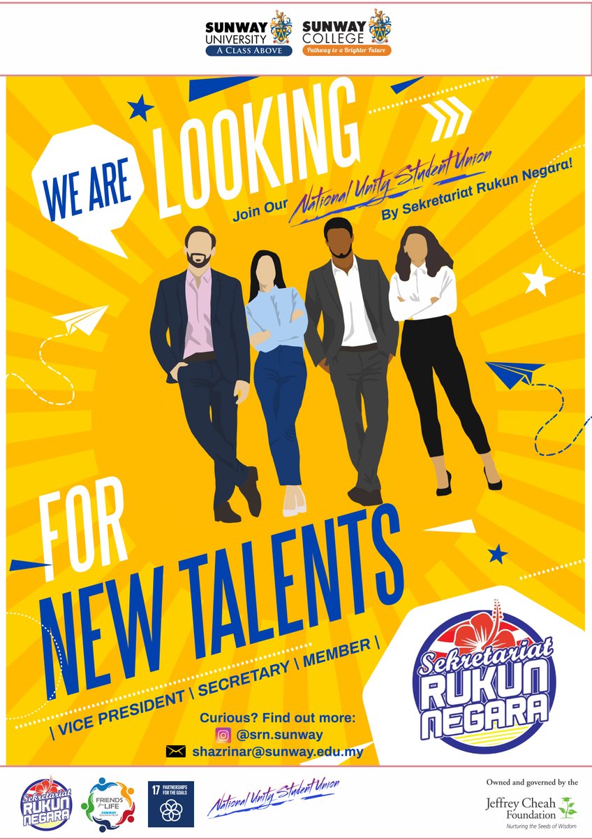 SunwayU's tweet image. The search for potential leaders is ON for The National Unity Student Union by Sekretariat Rukun Negara! Register today and join us with a desire to promote racial unity among the student community at:
bit.ly/srn2021

#MostHappeningCampus #LiveLearnLead #WeStandForUnity