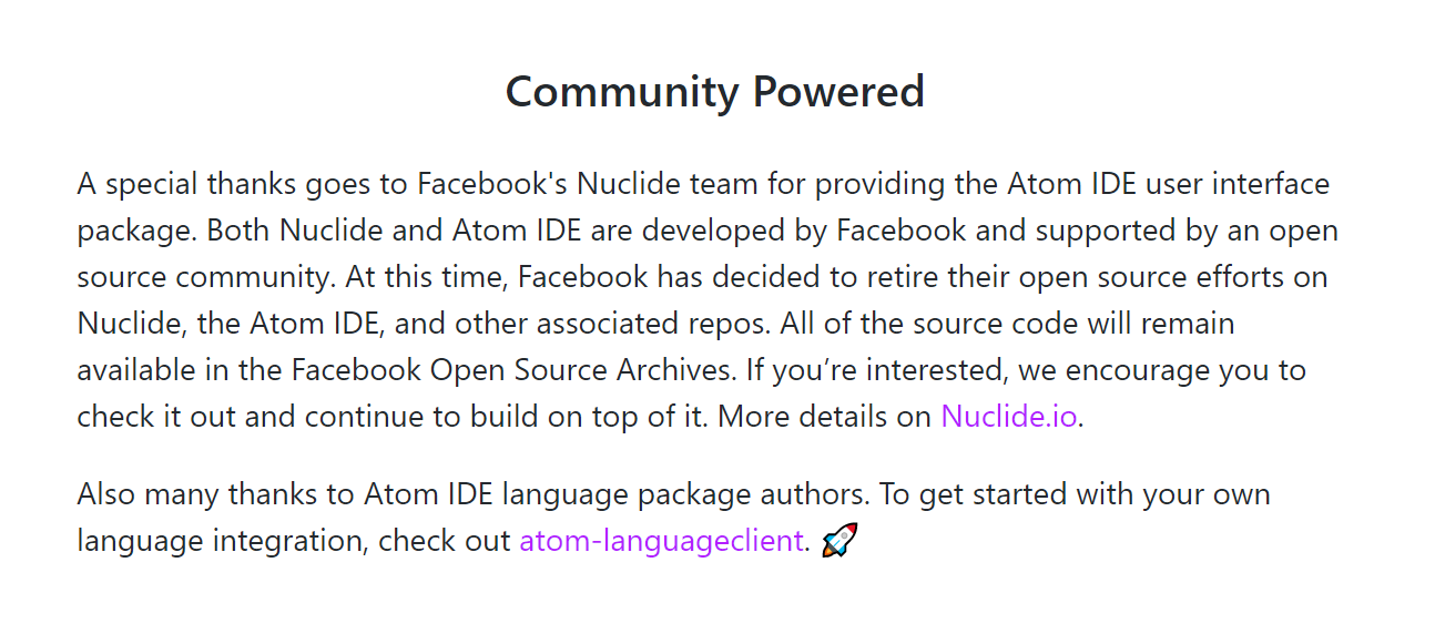 The text banner on ide.atom.io that says that Facebook has "[retired] their open source efforts on [...] the Atom IDE"