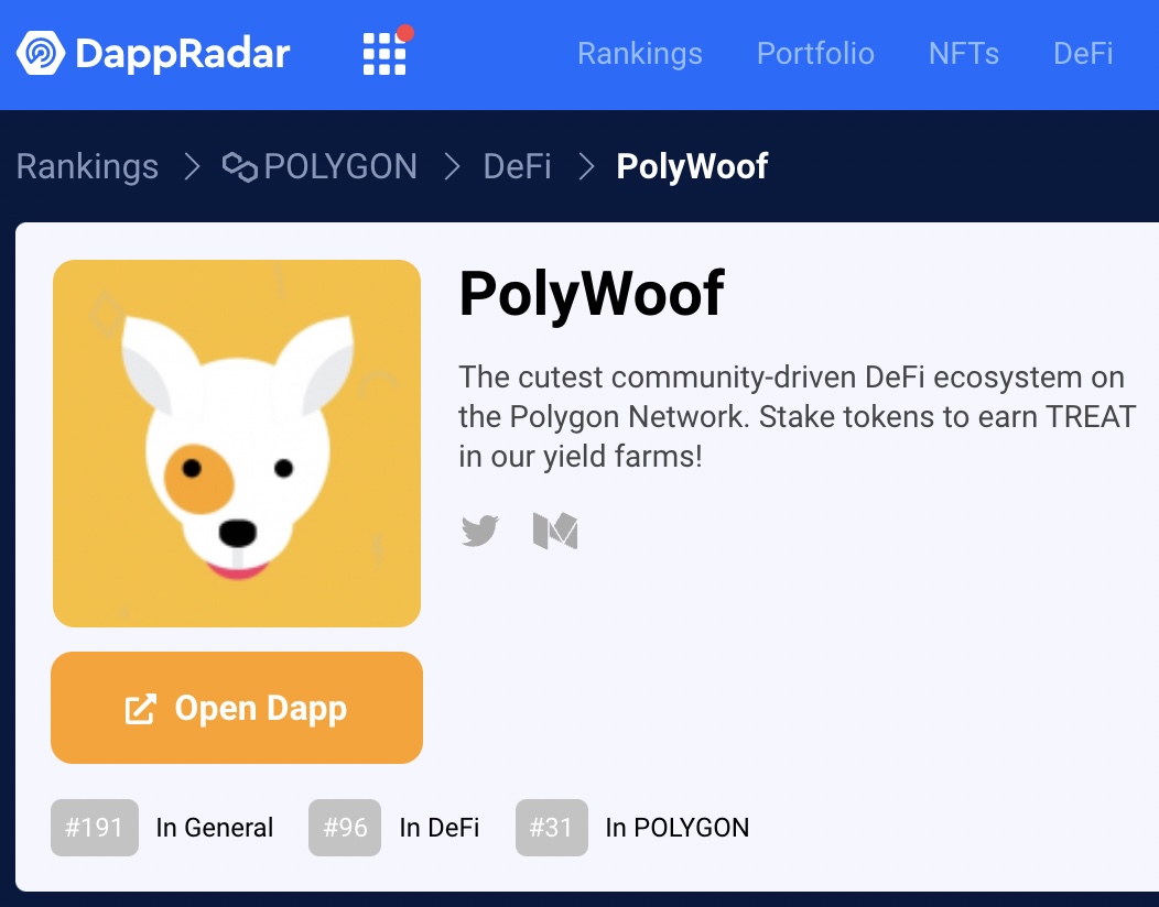 PolyWoof is now listed on <a href="/DappRadar/">DappRadar</a>! 🎉