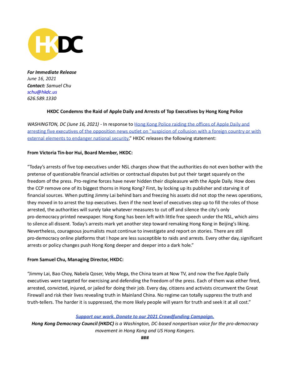 hkdc_us's tweet photo. HKDC's statement in response to today's arrest of 5 top executives and raiding of Apple Daily - the only printed Hong Kong opposition newspaper.

Support our work: https://t.co/4FoMPKxHYp https://t.co/4c4SKy8qjq