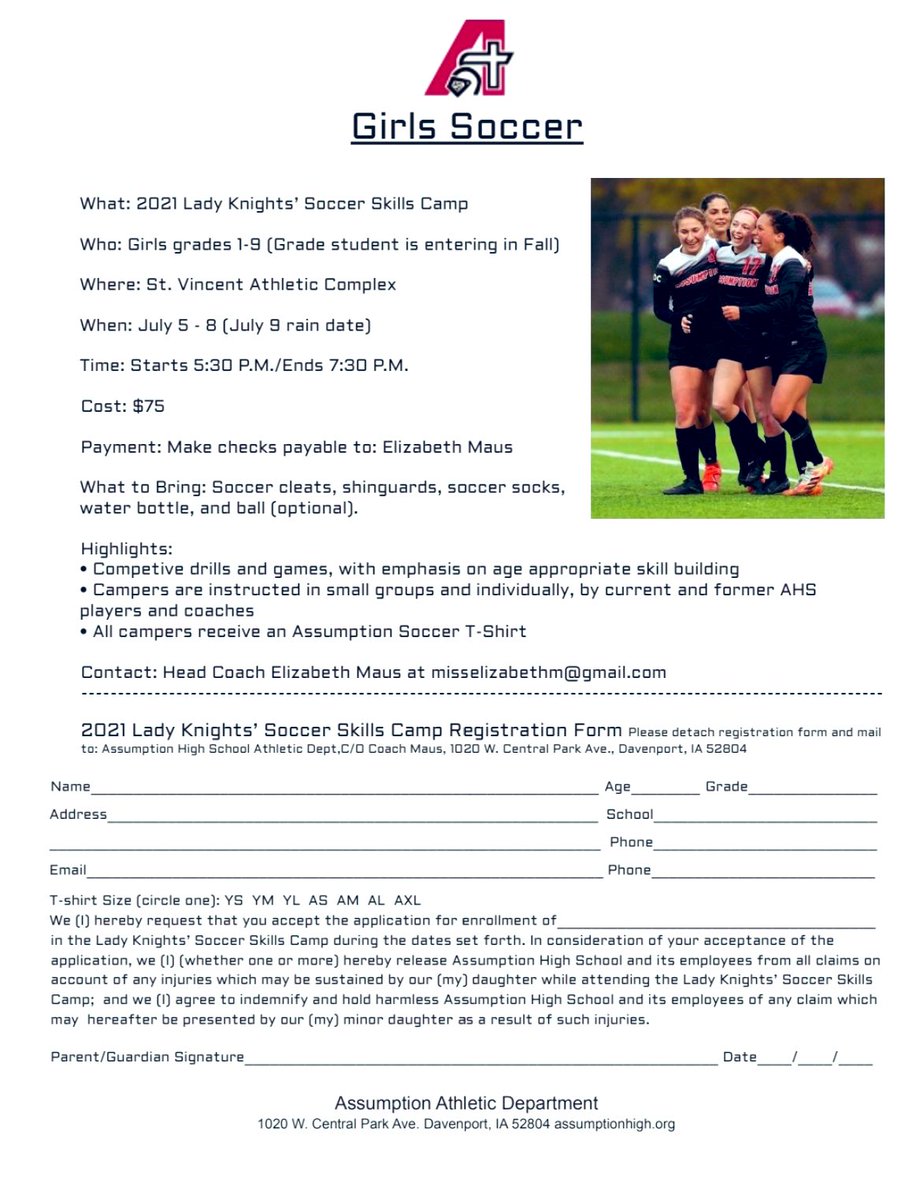Girls soccer camp is back! July 5th - 8th (9th as rain date). If you have granddaughters, daughters, sisters, nieces, neighbors, get them signed up! 
@CoachHarringto2 <a href="/KnightsAHS/">Assumption Knights</a> <a href="/AssumptionHS/">Assumption High School</a>