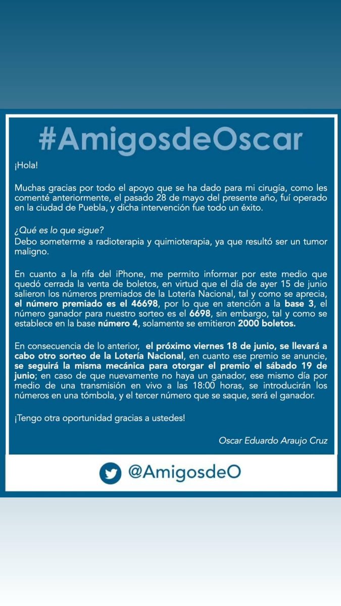 AmigosdeO's tweet photo. De acuerdo a las bases del sorteo, se anunciará al ganador el sábado 19 de junio. https://t.co/Gb5CONUfJE