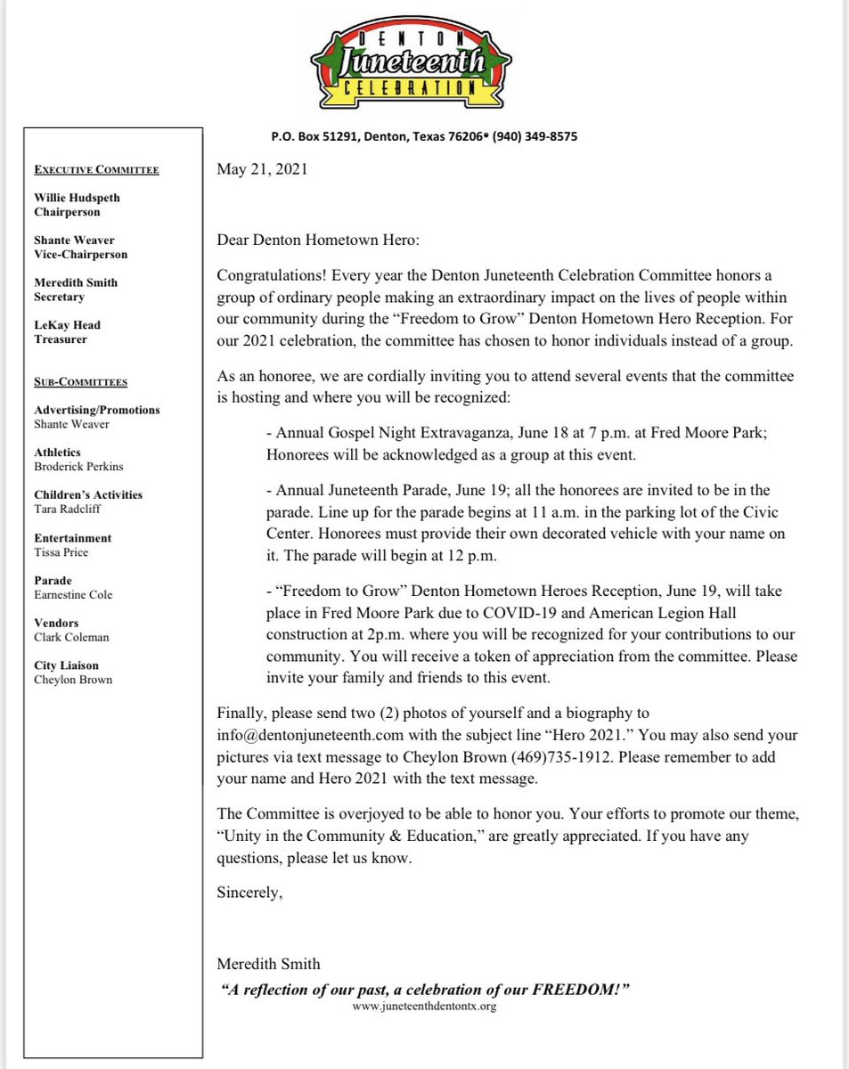 The Denton Juneteenth Celebration is this weekend. Feel free to come out and enjoy the events. I am truly humbled to be recognized as a “Denton Hometown Hero”, along with the other honorees, on Saturday at 2 PM via Fred Moore Park. dentonjuneteenth.com <a href="/DJuneteenth/">Denton Juneteenth</a> <a href="/dentonisd/">Denton ISD</a>