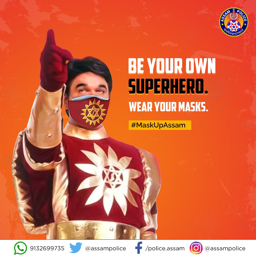 assampolice's tweet image. Kilvish, Kekraman, Magnetman, Stoneman, Dr. Jackal, and now the #COVID19 . 

There's nothing Shaktiman can't beat with your support. 

Join in the fight, Double Mask up!

#DoubleMaskUp