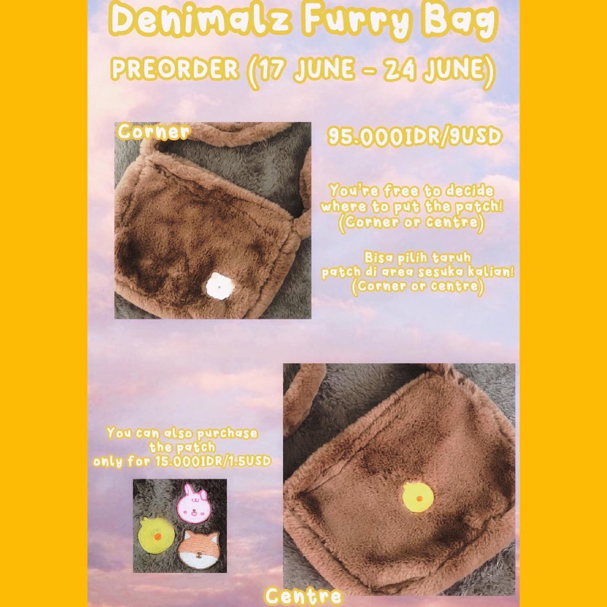 bwsunghoon's tweet photo. (PREORDER 17 June - 24 June)

✨ Denimalz Furry Bag ✨

Price: 90.000IDR / 9USD (you can choose the member)

Patch only: 15.000IDR / 1.5USD

You can decide where to place the patch (corner / centre)

#DAY6 #Sungjin #Jae #YoungK #Wonpil #Dowoon #Negentropy #데이식스 https://t.co/pBvjhqh7cD