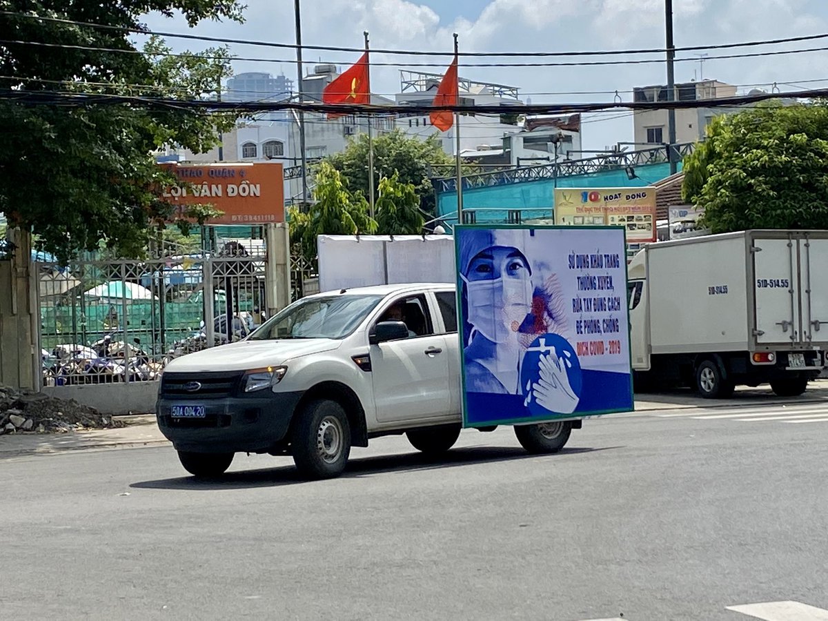 Trucks with #COVID19 public awareness posters and music drive around #Saigon. The government recently extended the city’s social distancing rules as #coronavirus cases continue to be found in the community. https://t.co/UDuOprp6YB