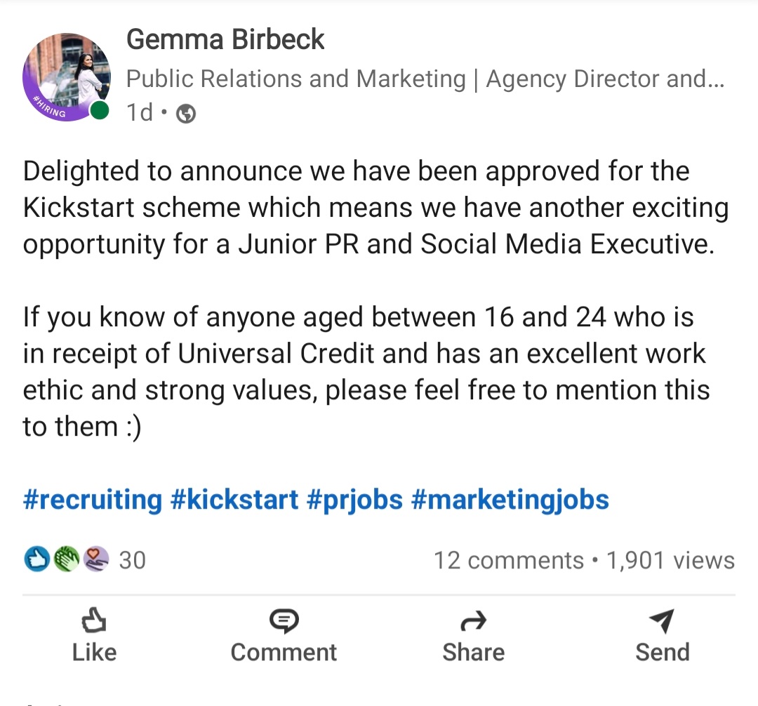 Exciting opportunity to join a growing, family run agency and be taught the ropes of PR and social 👇🙌

Please feel free to share with anyone you know who is eligible 😁

#prjobs #pragency #kickstarter