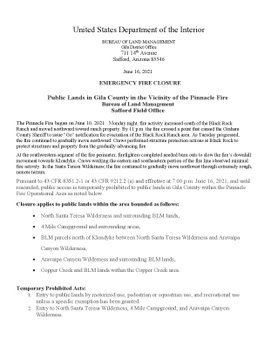 CCFirenIncident's tweet image. 2054: Per @PinnacleInfo21: BLMArizona has issued a #ClosureOrder for the North Santa Teresa Wilderness and Aravaipa Canyon Wilderness and other surrounding BLM lands. #knowbeforeyougo #PinnacleFire