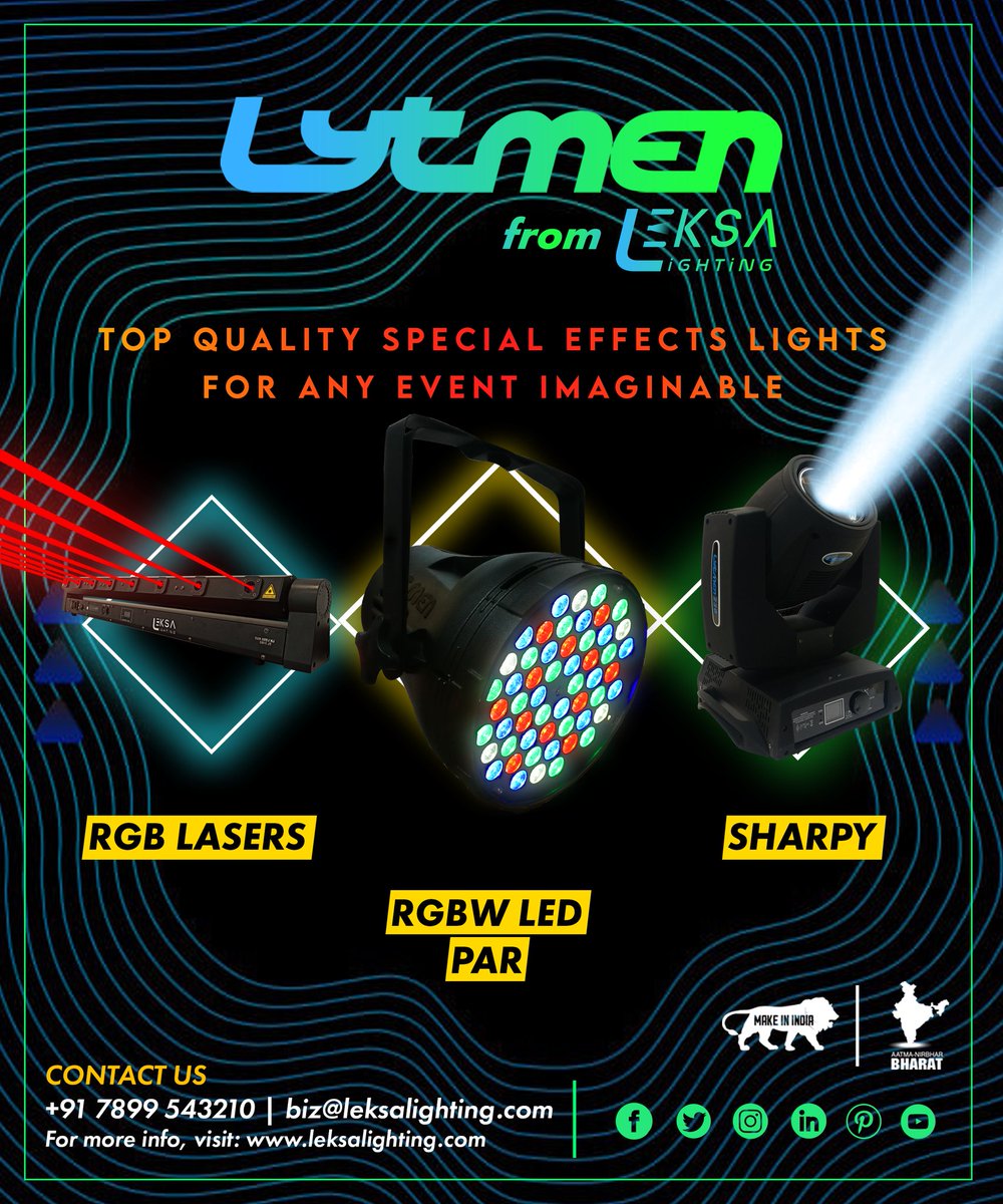 leksalighting's tweet photo. Top quality special effects lights for any event imaginable, presenting #LYTMEN from #leksalighting 
For more info, visit: https://t.co/gQl75L5QNO
Or call: +91 7899 543210
Mail us: biz@leksalighting.com
#ledlights #ledpar #ledparty #movinghead #musicfestival #event #concert https://t.co/IsdzvqvlDU